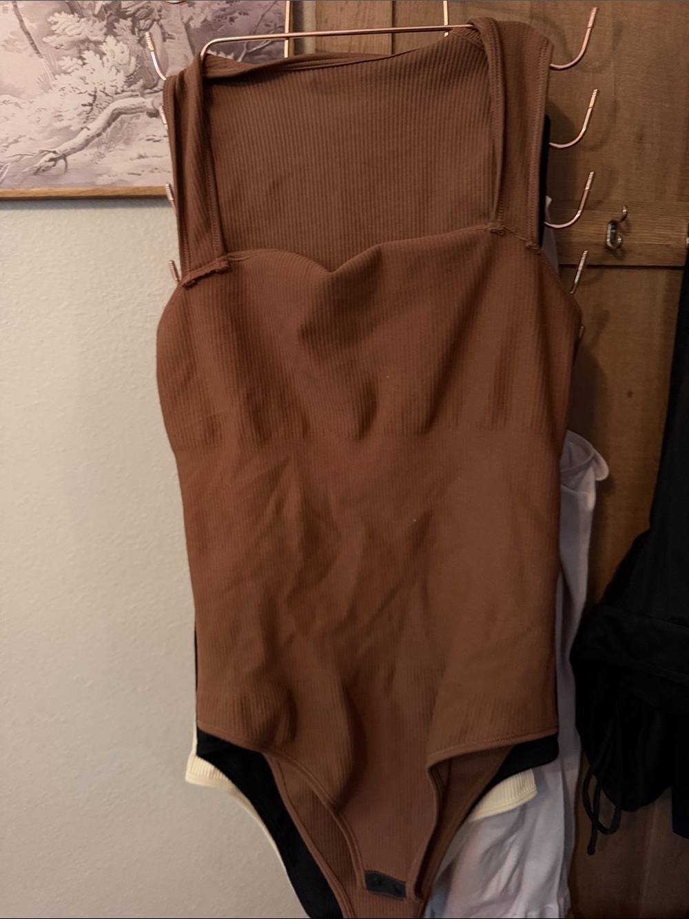 Ribbed Brown Square-Neck Bodysuit